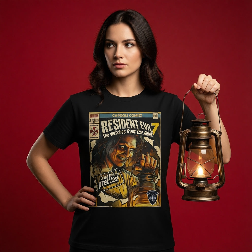 Resident evil 7 cosplay girl wearing resident evil 7 comic art themed retro gaming t-shirt by sukiprime
