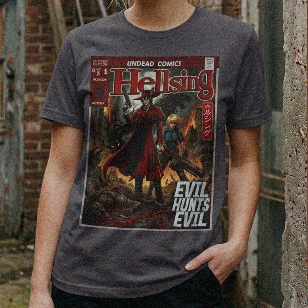 girl wearing comic book art themed hellsing anime t-shirt designed by sukiprime