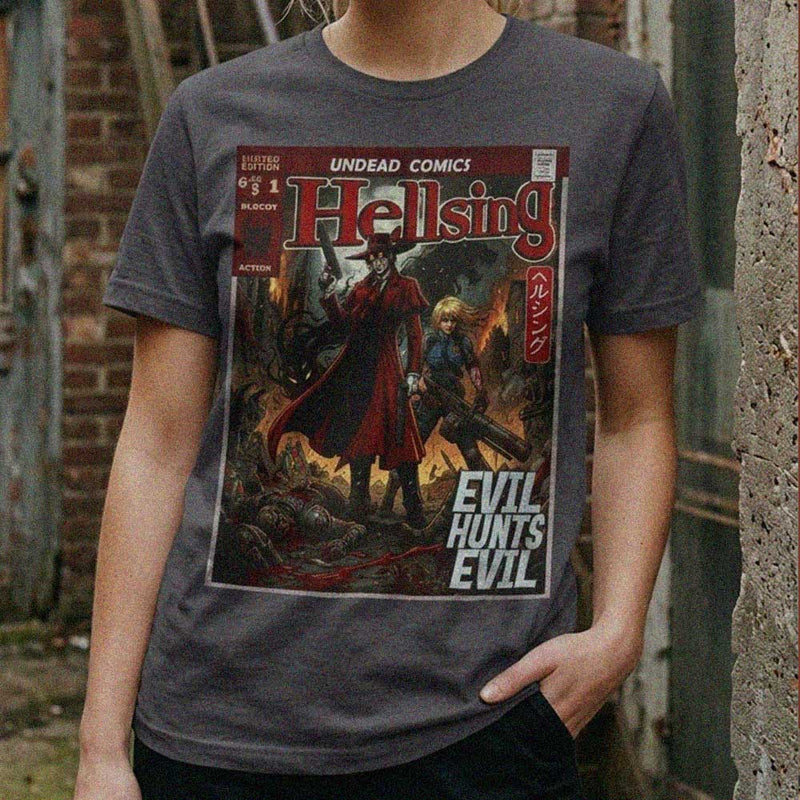 girl wearing comic book art themed hellsing anime t-shirt designed by sukiprime