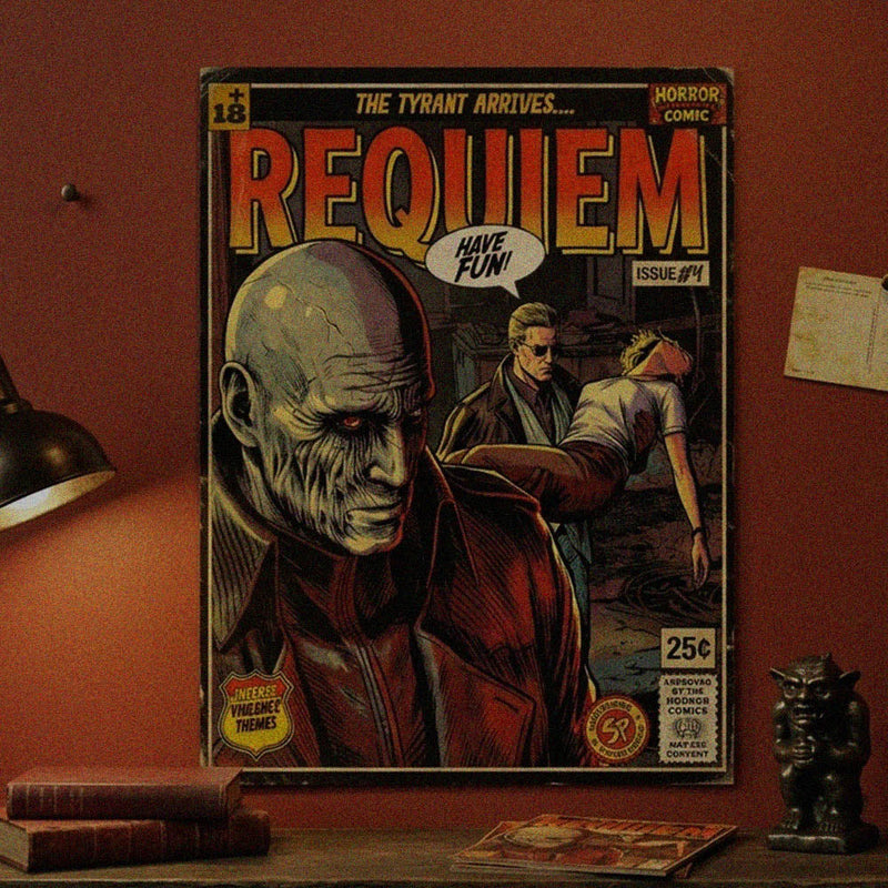 Retro comic cover titled "Requiem" featuring Resident Evil’s Tyrant and Wesker. The 1950s horror style includes distressed textures and bold yellow text on a dark teal background.