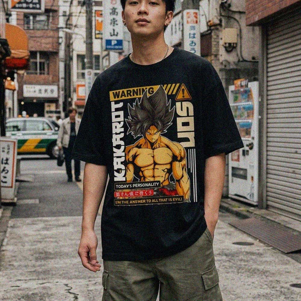 model wearing retro vintage comic art themed anime t-shirt designed by sukiprime
