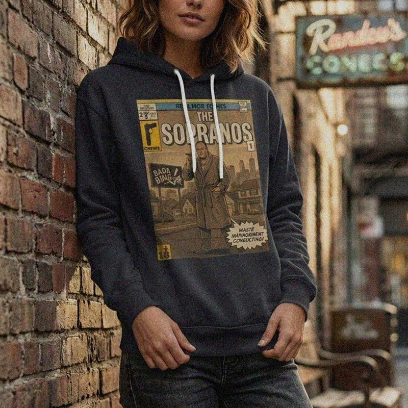 girl wearing retro vintage comic cover art themed sopranos tv series hoodie designed by sukiprime