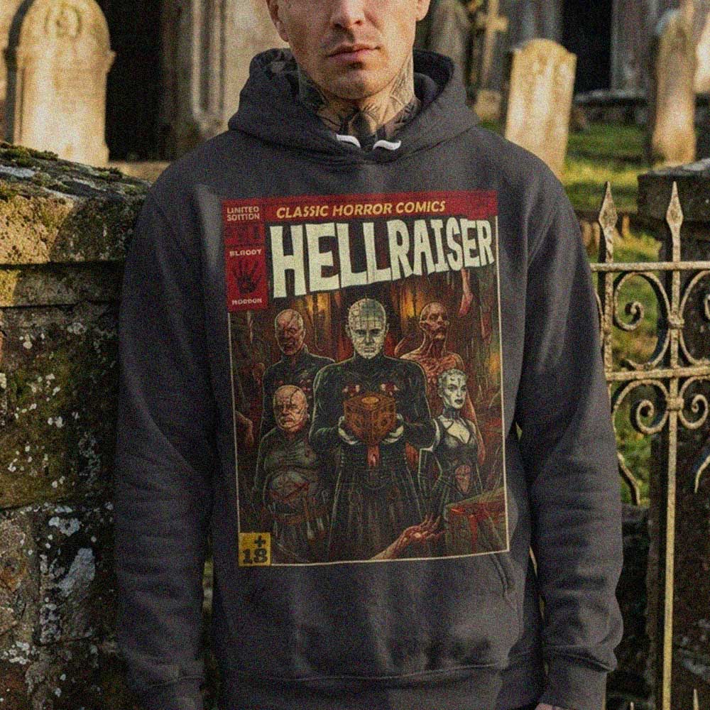 model wearing a retro vintage comic cover art themed hellraiser classic horror movie hoodie designed by sukiprime