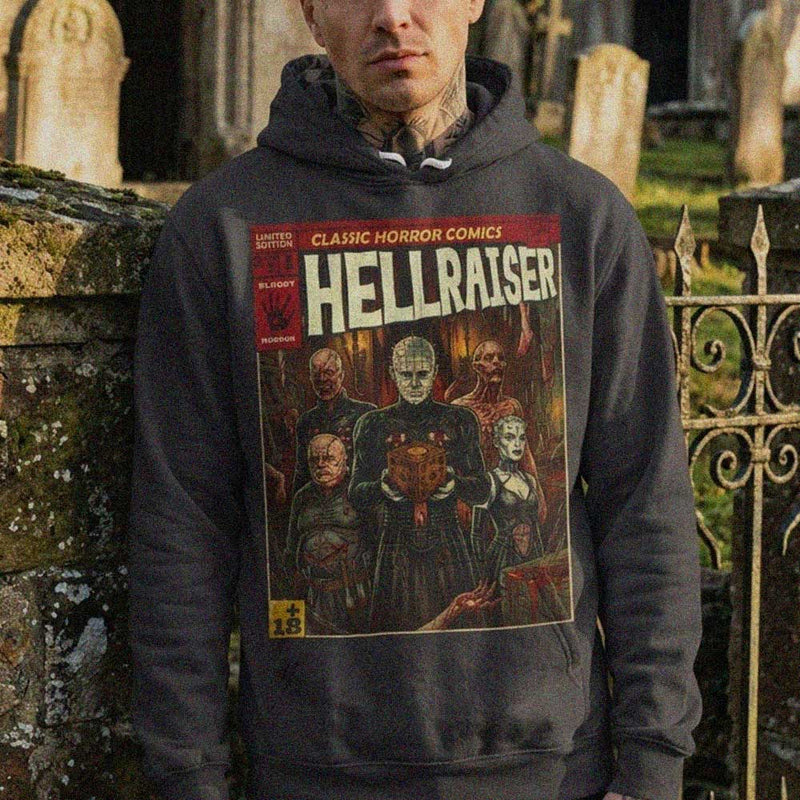model wearing a retro vintage comic cover art themed hellraiser classic horror movie hoodie designed by sukiprime