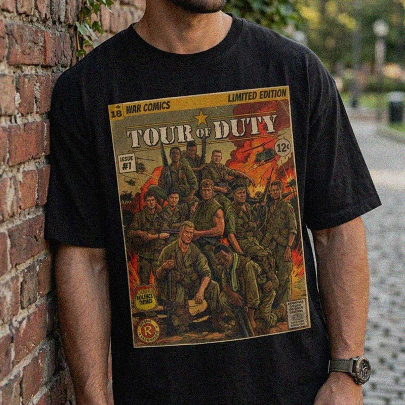 model wearing retro vintage comic cover art themed tour of duty classic tv series oversized black t-shirt designed by sukiprime