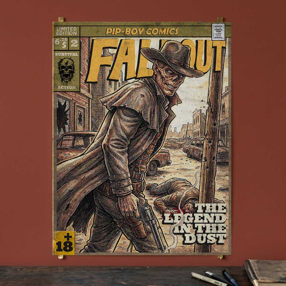 retro vintage comic cover art themed fallout tv series ghoul poster designed by sukiprime