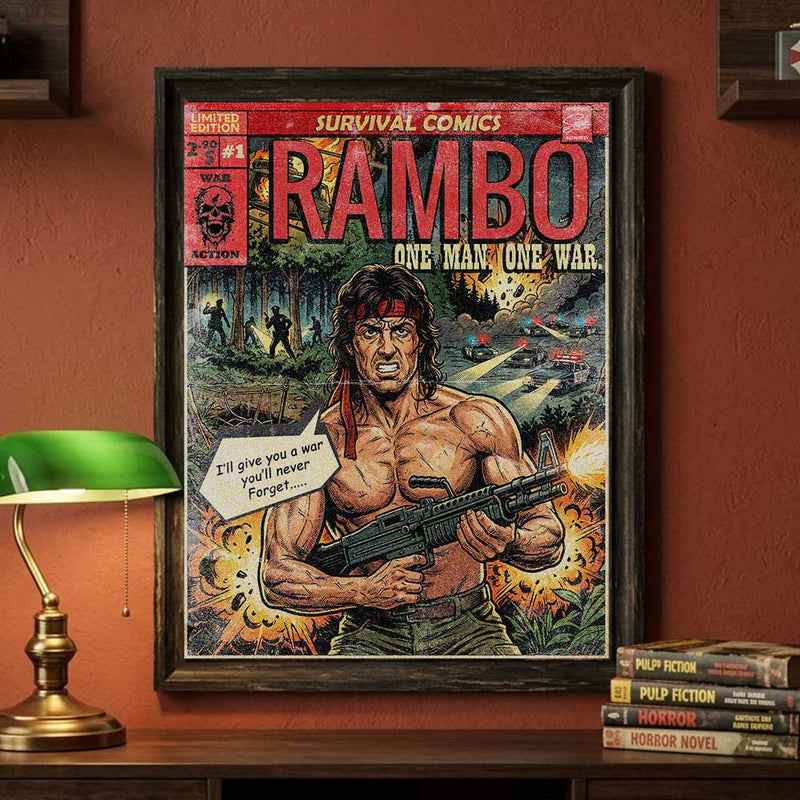 retro vintage comic book cover art themed rambo movie poster designed by sukiprime 