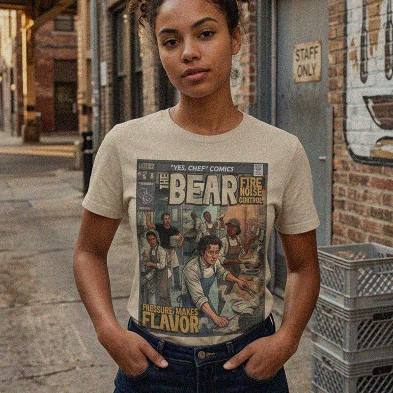 a girl wearing retro vintage comic cover art themed the bear tv series t-shirt designed by sukiprime