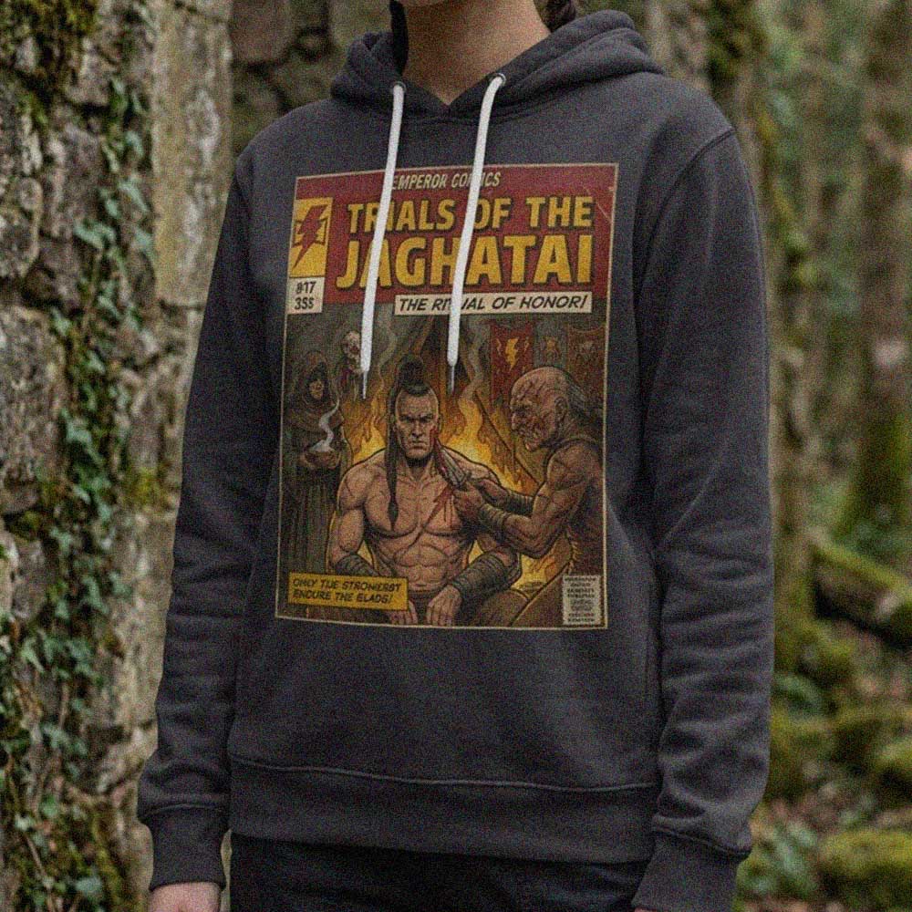 model wearing retro vintage comic book cover art themed warhammer hoodie created by sukiprime