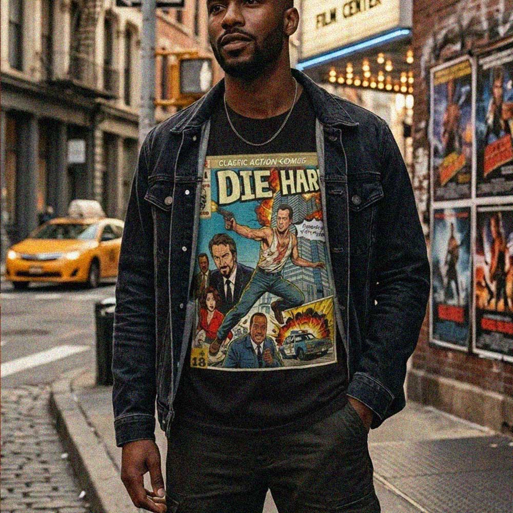 Retro-inspired t-shirt by SukiPrime, showcasing a vintage comic book cover art style of the "Die Hard" movie, perfect for fans of classic action films