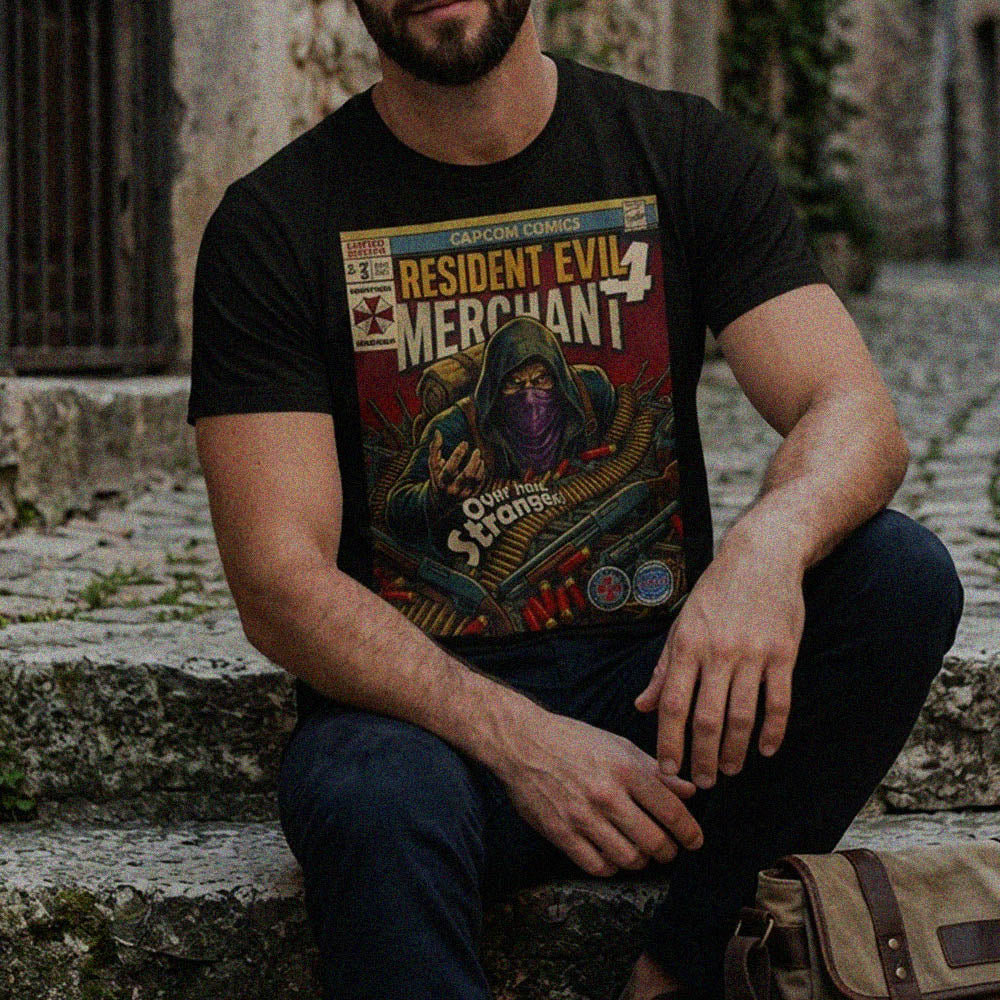 A stylish model showcases a classic gaming t-shirt by Sukiprime, featuring retro vintage comic cover art themed around Resident Evil 4. The black graphic tee highlights iconic imagery from the game, perfect for fans and collectors alike.