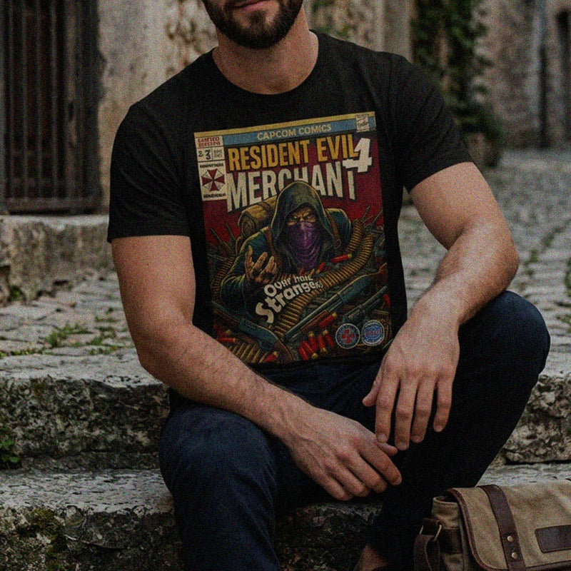 A stylish model showcases a classic gaming t-shirt by Sukiprime, featuring retro vintage comic cover art themed around Resident Evil 4. The black graphic tee highlights iconic imagery from the game, perfect for fans and collectors alike.
