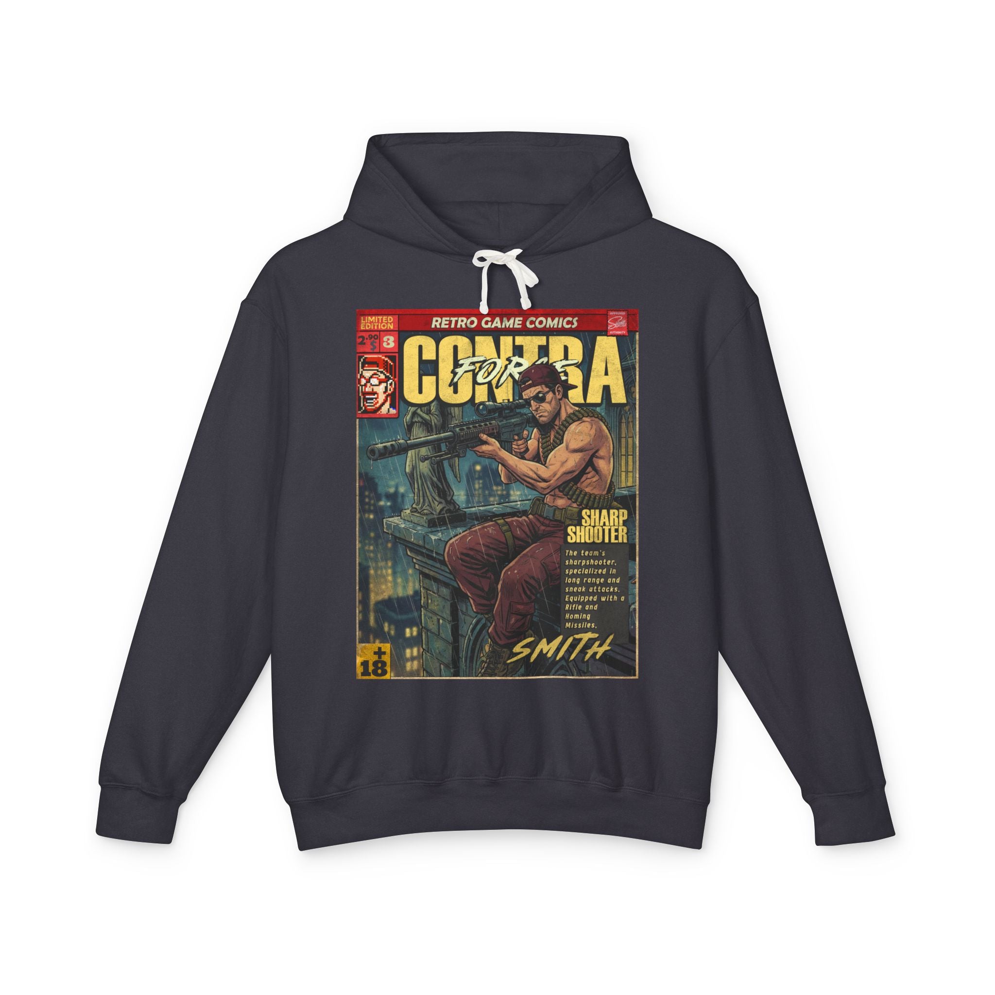 Contra Force Comic Cover Gaming Hoodie featuring unique vintage comic cover art. High-quality gaming apparel for retro fans by sukiprime
