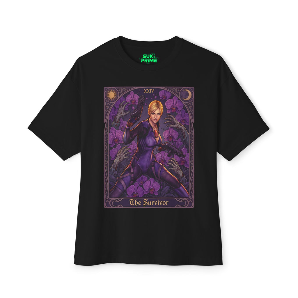 Black t-shirt with a graphic design of 'The Survivor' tarot card on a white background featuring unique vintage comic cover art, High-quality gaming apparel for retro horror fans by sukiprime