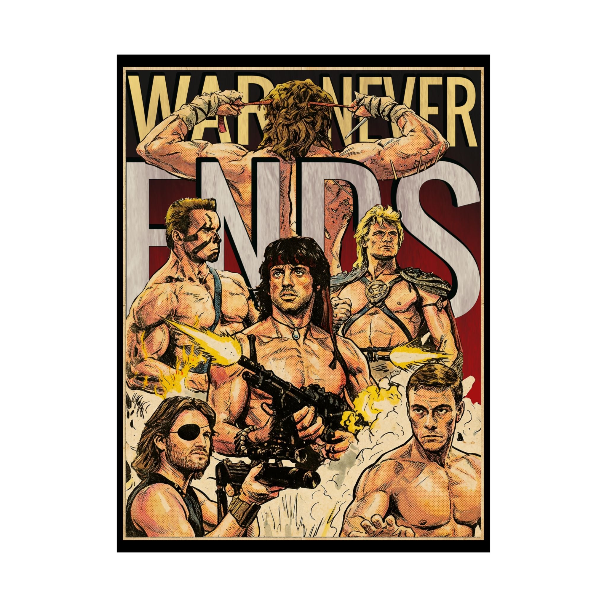 War Never Ends Movie Poster designed with retro vintage comic book cover style. Movie poster is satin (300gsm) 18″ x 24″ (Vertical) for retro wall decoration. exclusive and unique design by SukiPrime.