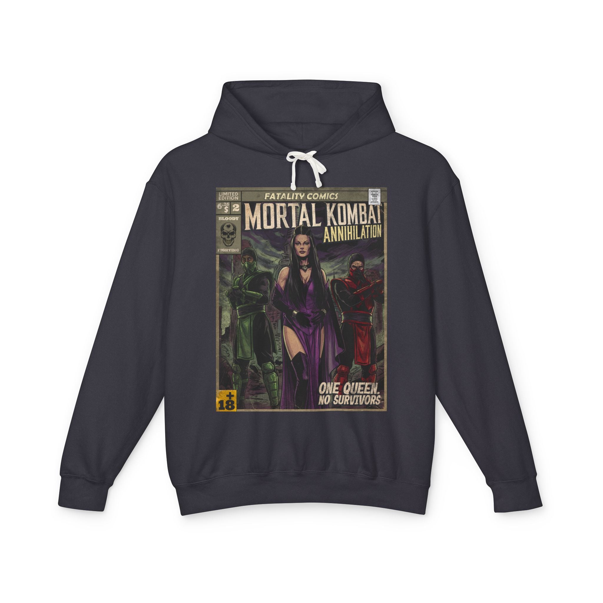 SukiPrime hoodie with a retro Mortal Kombat Annihilation comic design showcasing Sindel, Reptile, and Ermac in vibrant colors.
