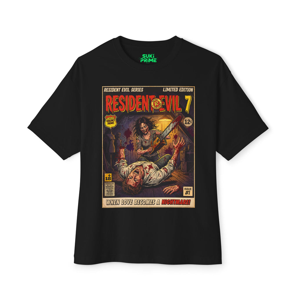 Black t-shirt with 'Resident Evil 7' graphic design on a white background featuring unique vintage comic cover art, High-quality gaming apparel for retro horror fans by sukiprime