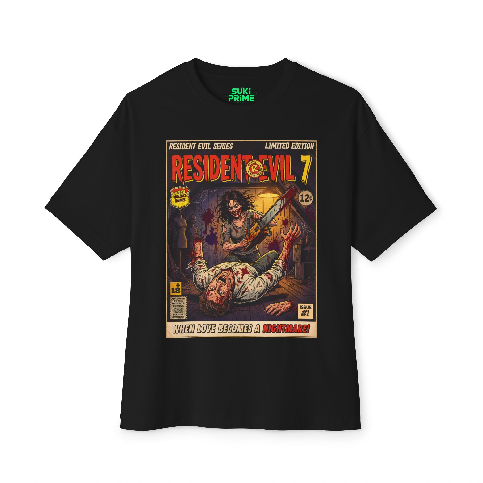 Black t-shirt with 'Resident Evil 7' graphic design on a white background featuring unique vintage comic cover art, High-quality gaming apparel for retro horror fans by sukiprime