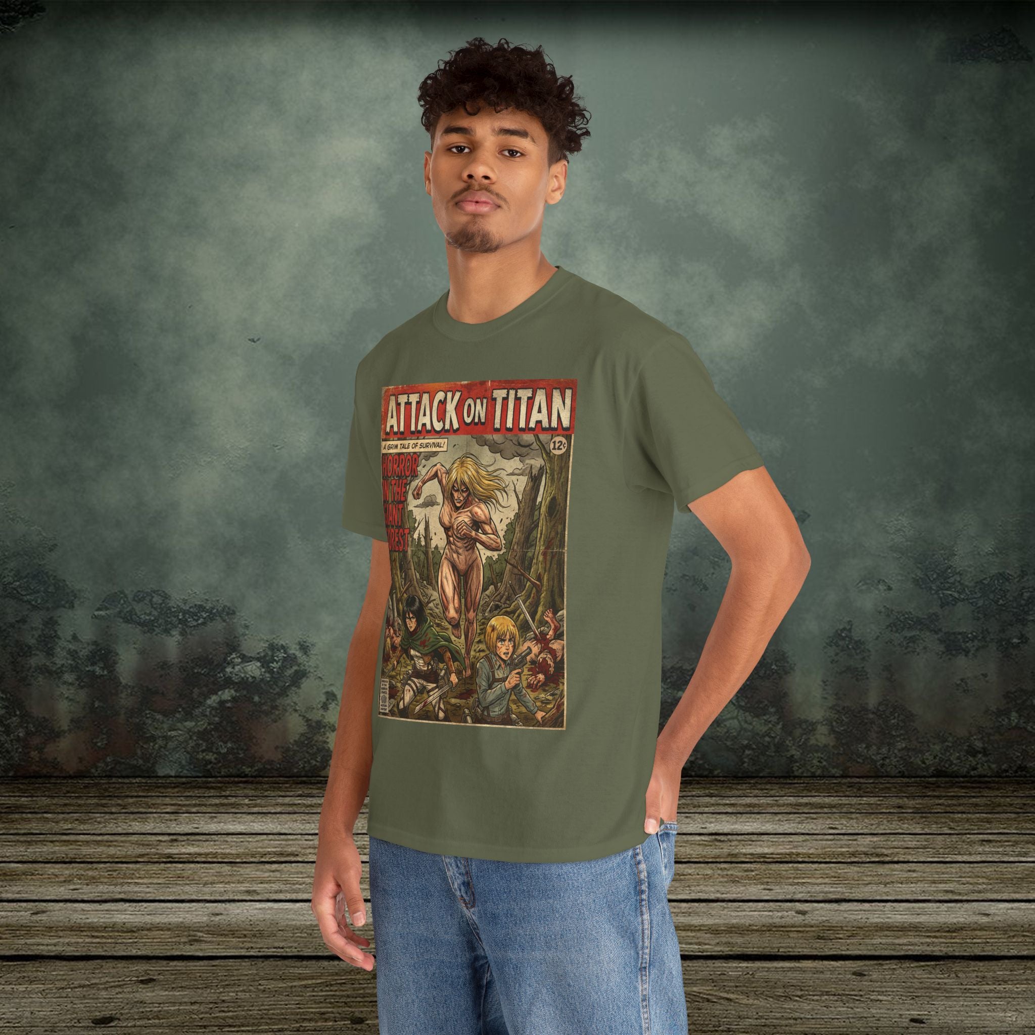 Person wearing a green 'Attack on Titan' t-shirt with a graphic design on a textured wall background