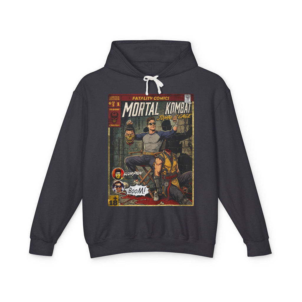 Black hoodie with 'Mortal Kombat' graphic design on a white background featuring retro vintage comic cover art gaming hoodie designed by SukiPrime