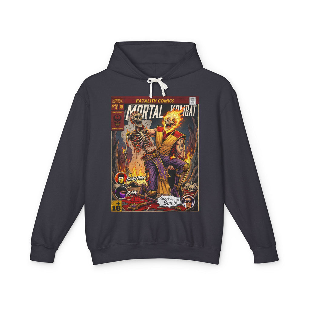 Black hoodie with 'Mortal Kombat' graphic design on a white background featuring retro vintage comic cover art gaming hoodie designed by SukiPrime