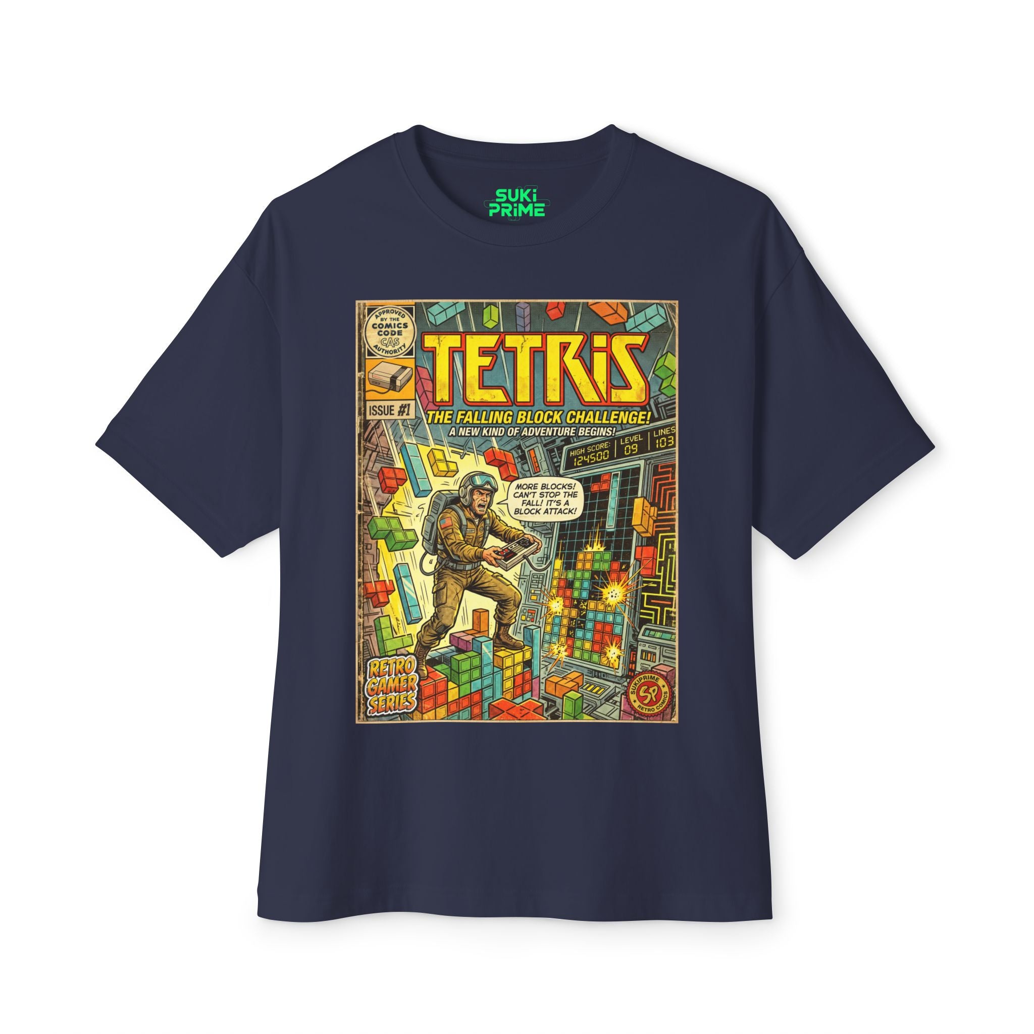 Blue Tetris Comic Art Oversized T-Shirt by SukiPrime
