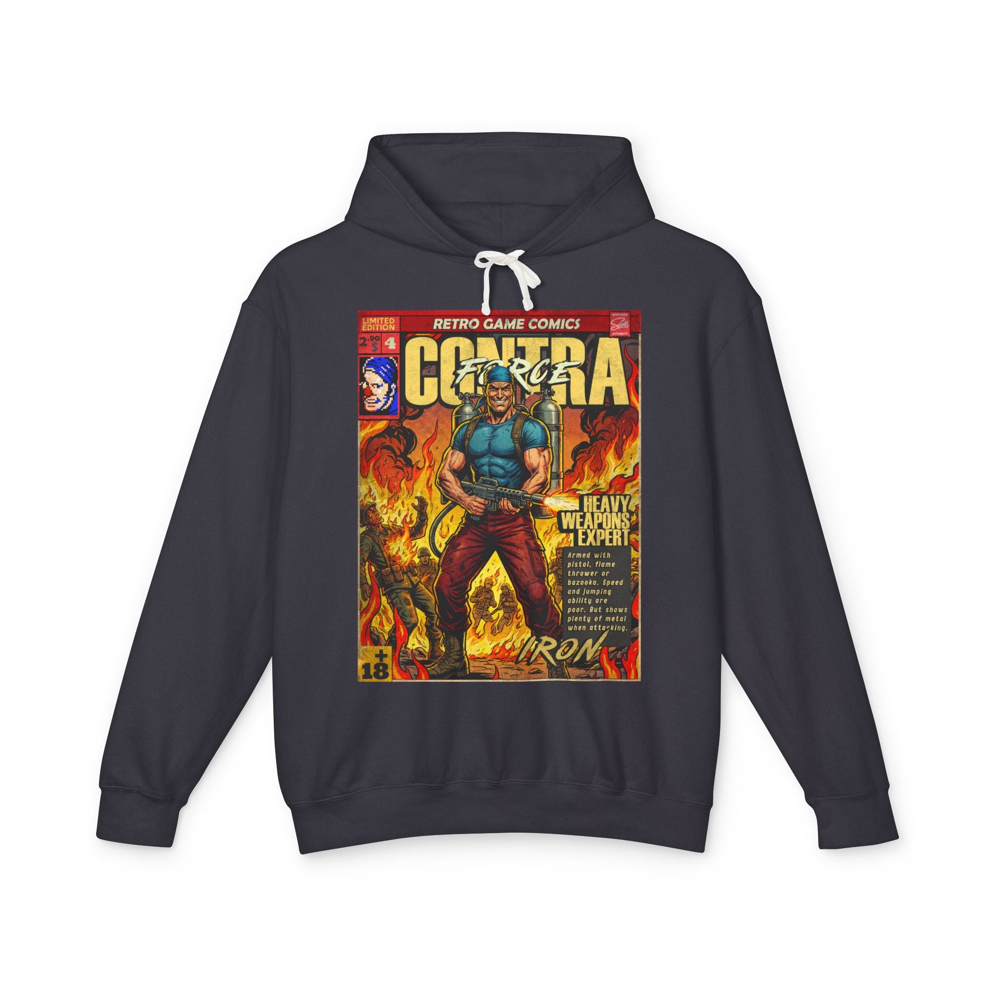 Contra Force Comic Cover Gaming Hoodie featuring unique vintage comic cover art. High-quality gaming apparel for retro fans By SukiPrime