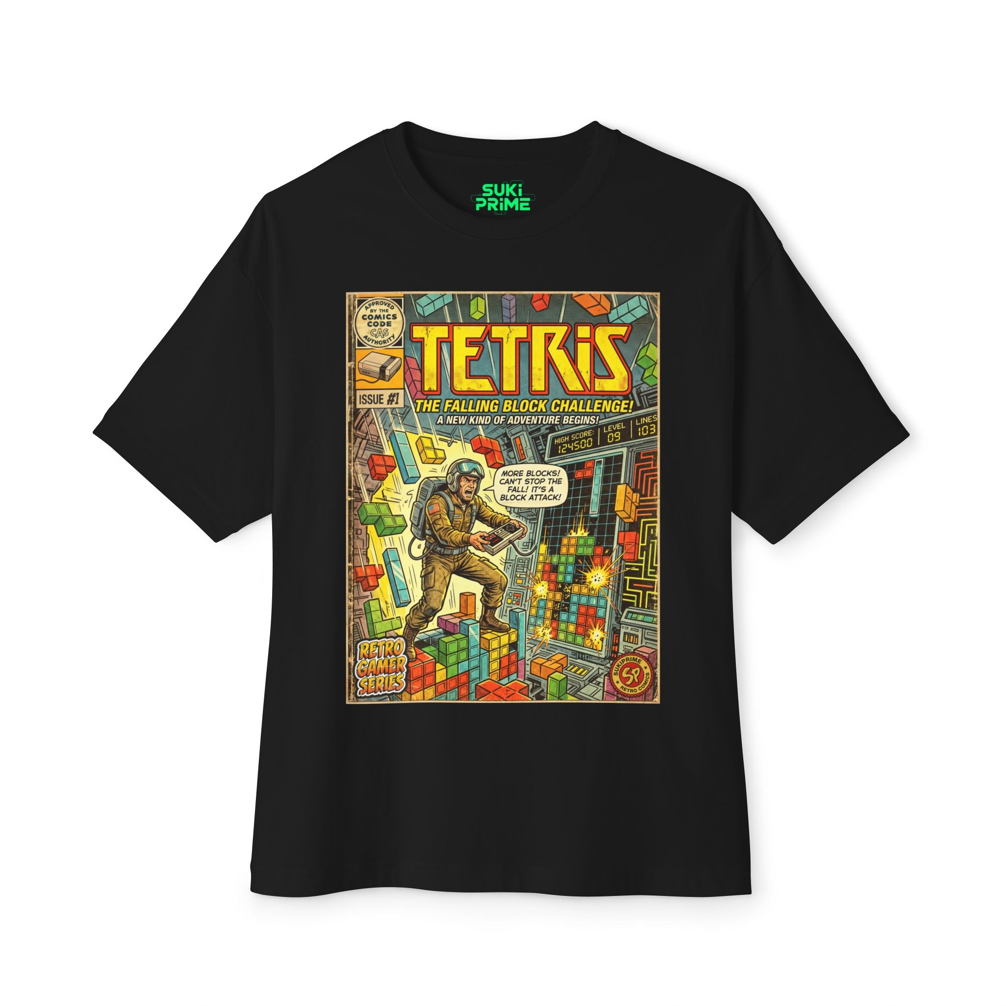  Black Tetris Comic Art Oversized T-Shirt by SukiPrime