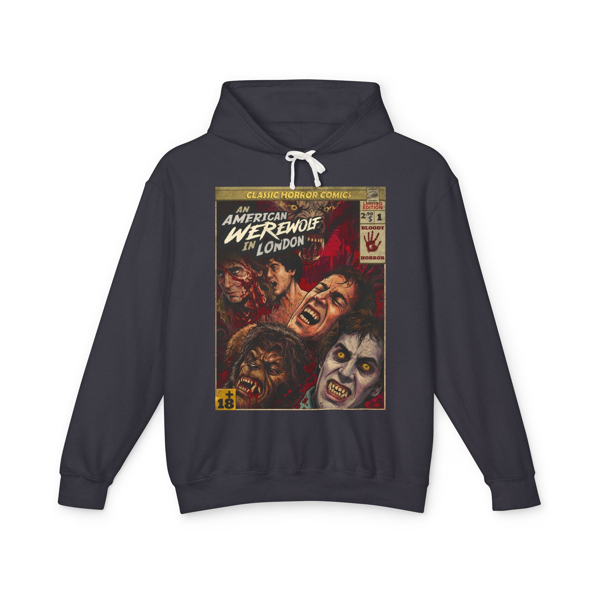 Black SukiPrime hoodie featuring vintage comic art from An American Werewolf in London. Perfect for horror movie enthusiasts.
