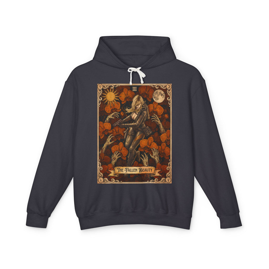 black hoodie with a tarot card design of resident evil revelations rachel foley featuring retro vintage comic cover art gaming hoodie designed by SukiPrime