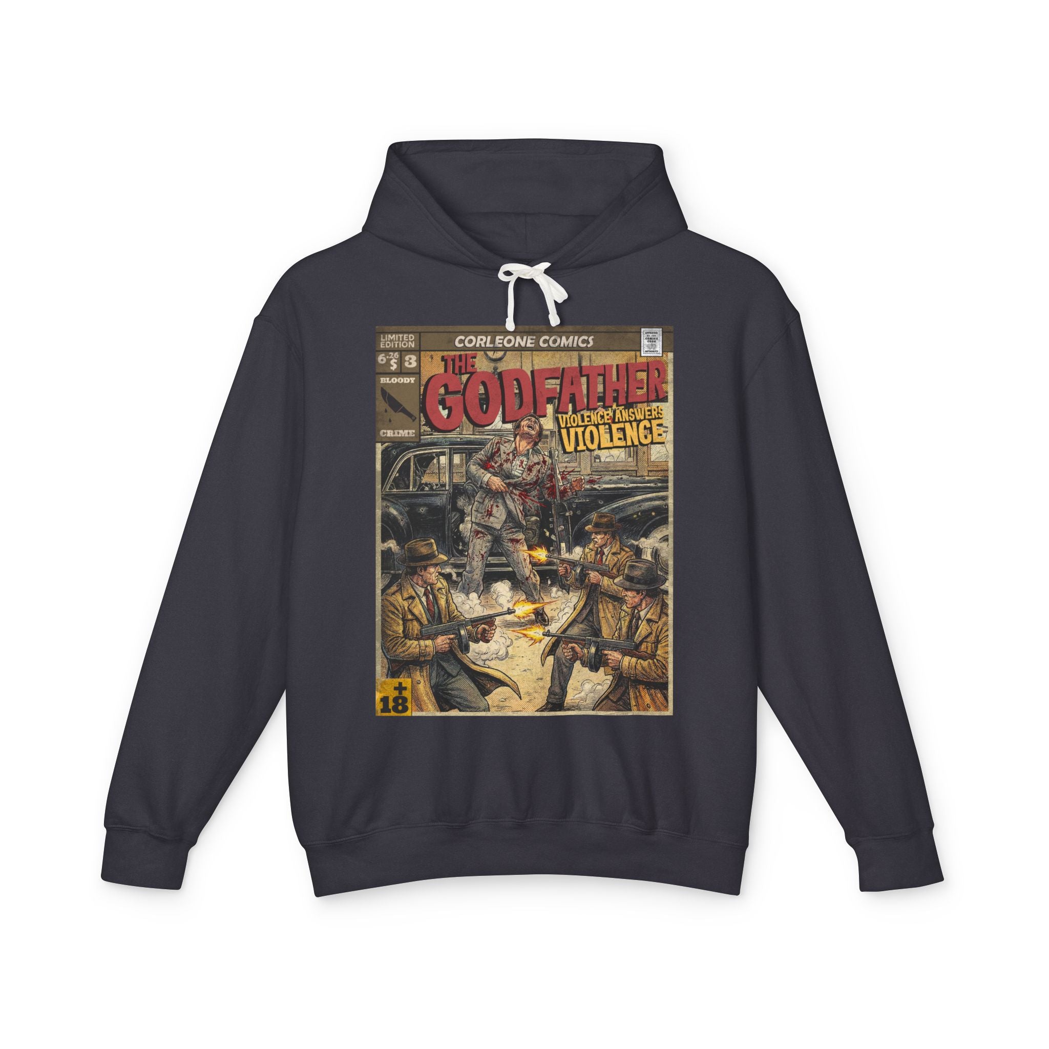 Black pullover hoodie from SukiPrime showcasing a vintage "The Godfather" comic book cover with mafia hitmen and classic cars.
