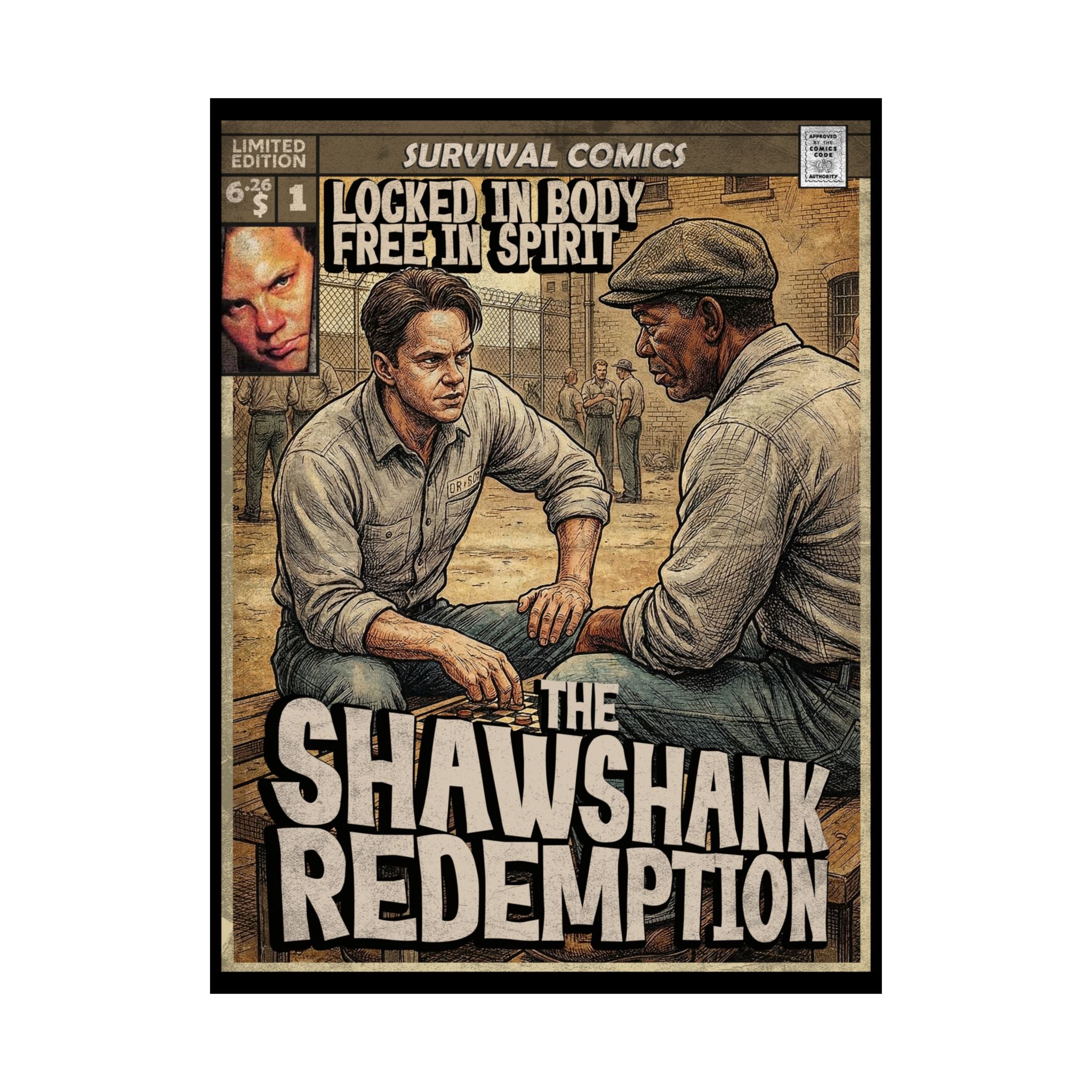 The Shawshank Redemption Movie Poster designed with retro vintage comic book cover style. Movie poster is satin (300gsm) 18″ x 24″ (Vertical) for retro wall decoration. exclusive and unique design by SukiPrime