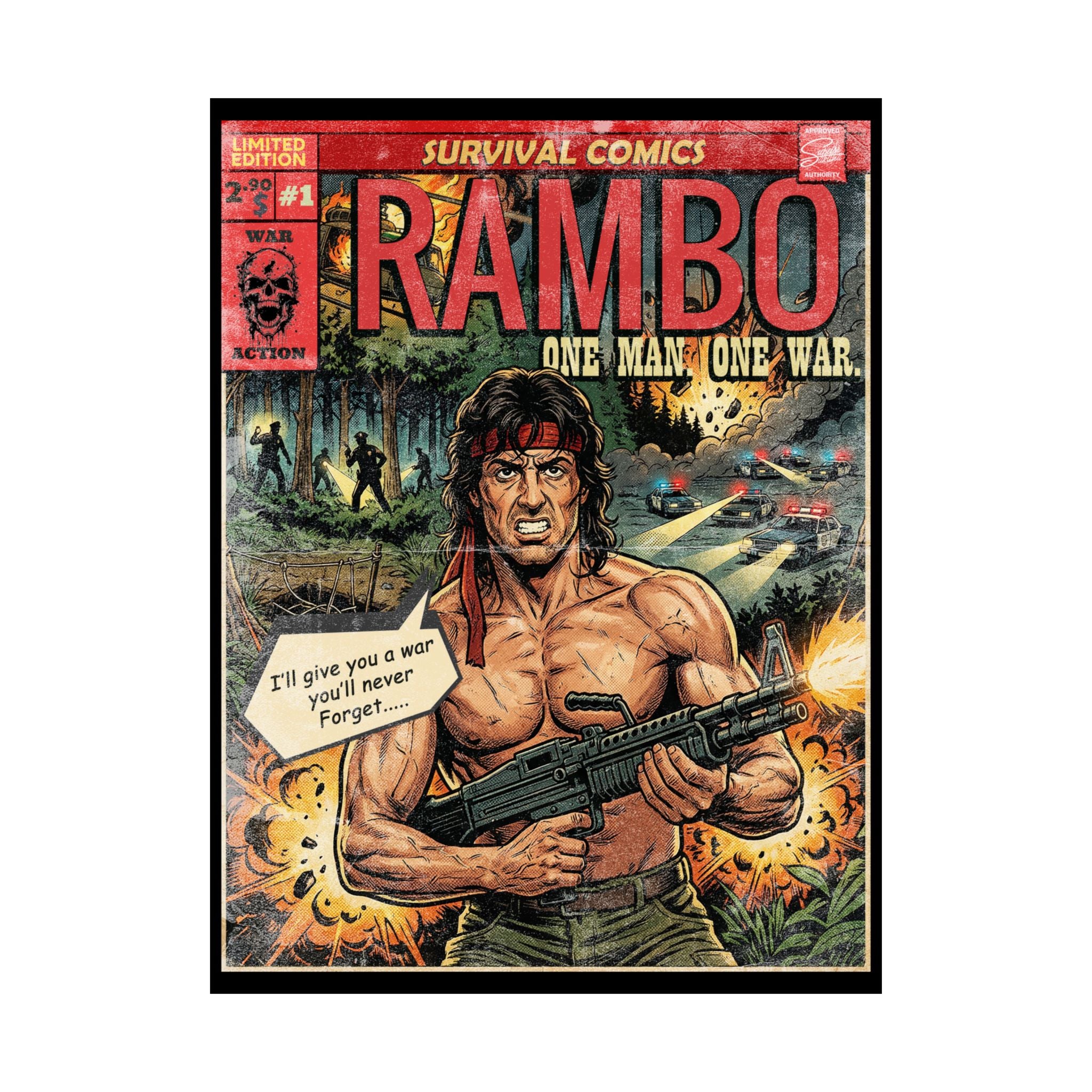 Rambo Movie Poster designed with retro vintage comic book cover style. Movie poster is satin (300gsm) 18″ x 24″ (Vertical) for retro wall decoration. exclusive and unique design by SukiPrime.