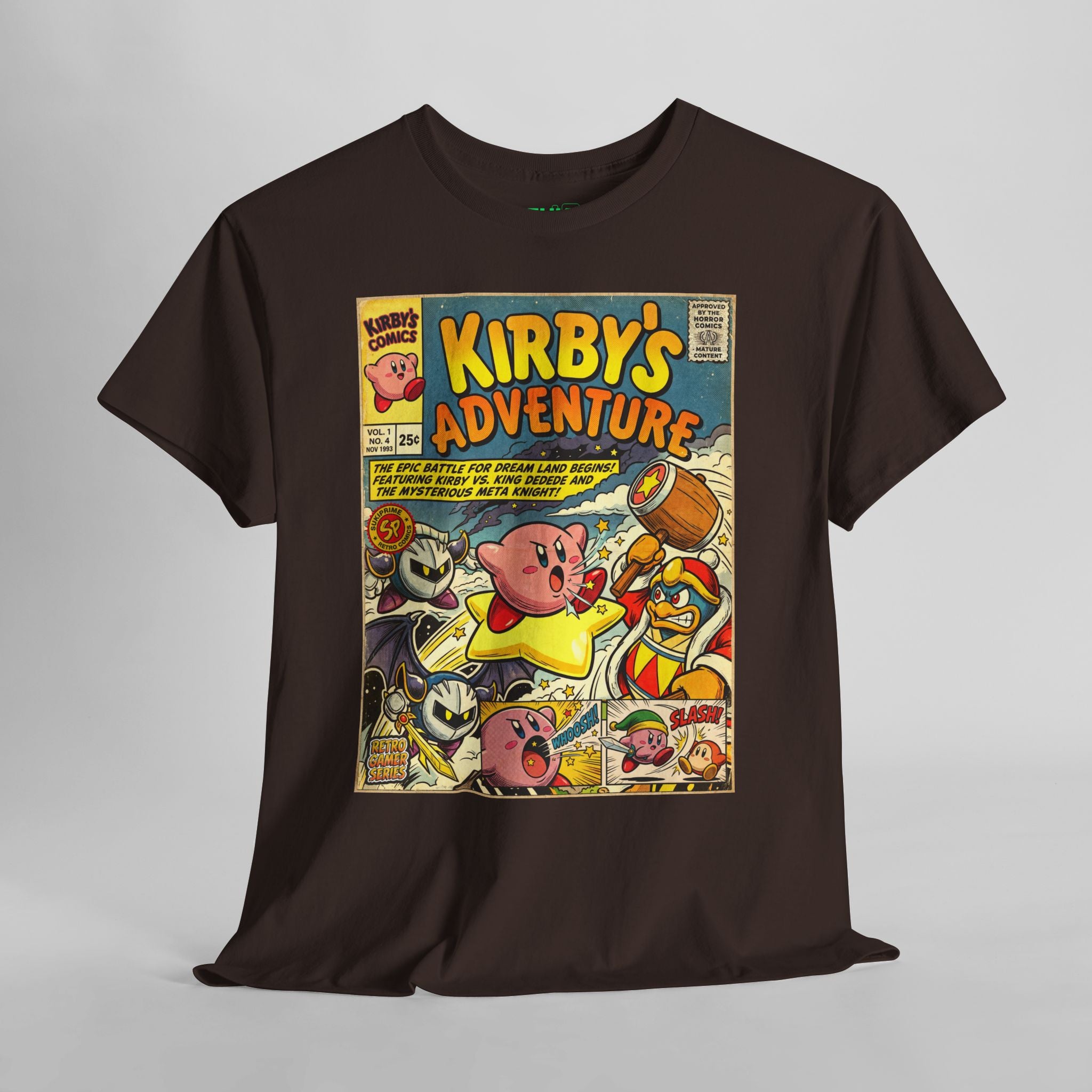Dark chocolate Kirby's Adventure Comic Cover T-Shirt by SukiPrime