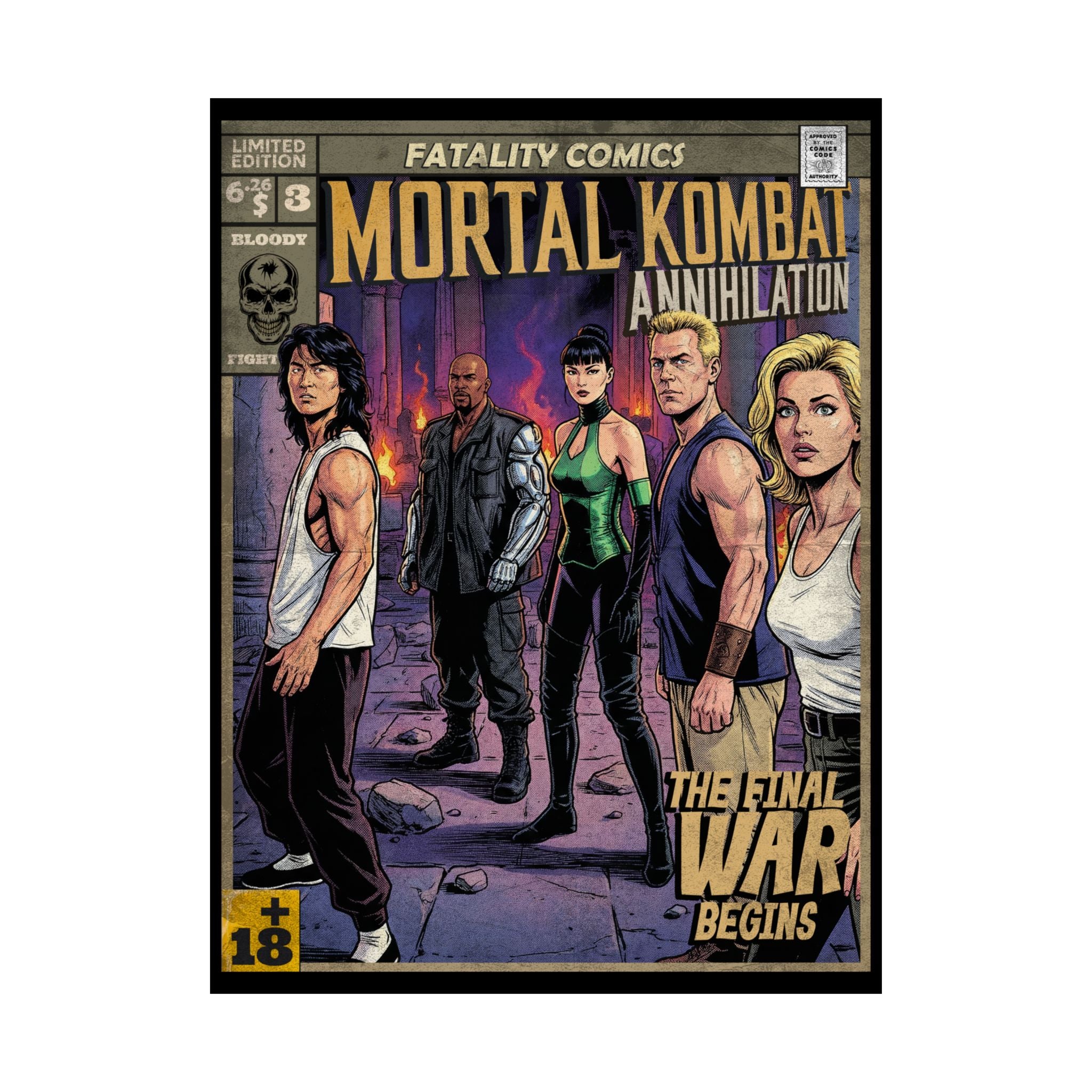 Mortal Kombat Annihilation Movie Poster designed with retro vintage comic book cover style. Movie poster is satin (300gsm) 18″ x 24″ (Vertical) for retro wall decoration. exclusive and unique design by SukiPrime.
