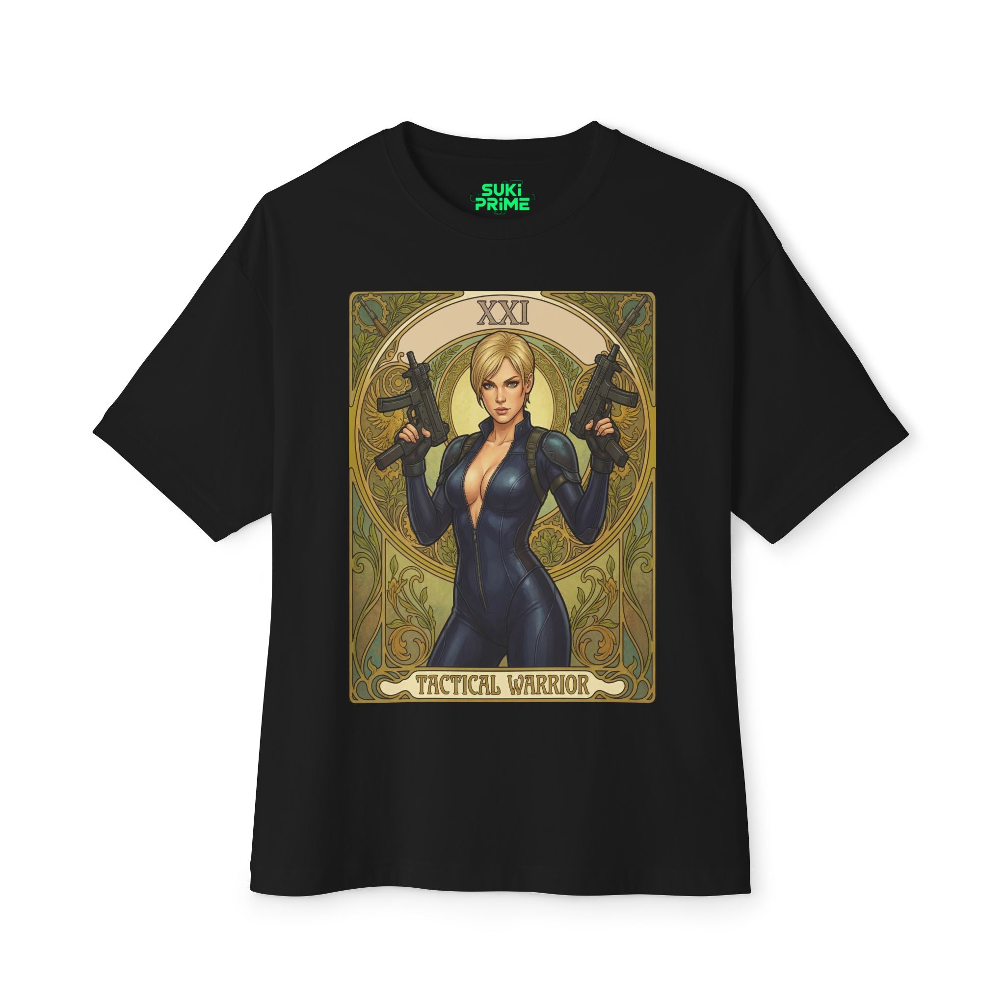Black t-shirt with a graphic design of a woman in a black suit holding guns, labeled 'Tactical Warrior', on a white background featuring unique vintage comic cover art, High-quality gaming apparel for retro horror fans by sukiprime