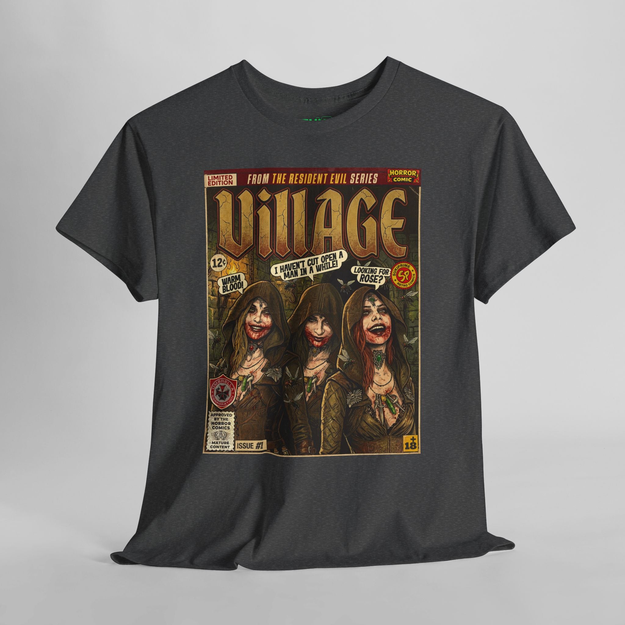 Dark heather Black Resident Evil Village Comic Art T-Shirt by SukiPrime