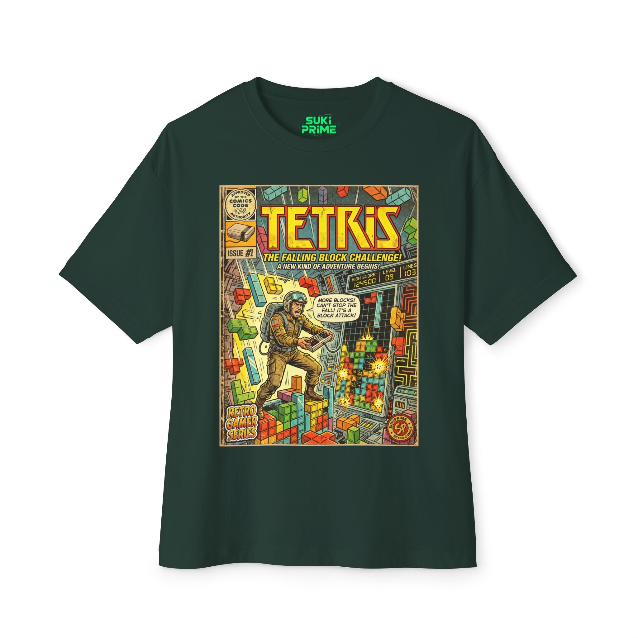 Green Tetris Comic Art Oversized T-Shirt by SukiPrime
