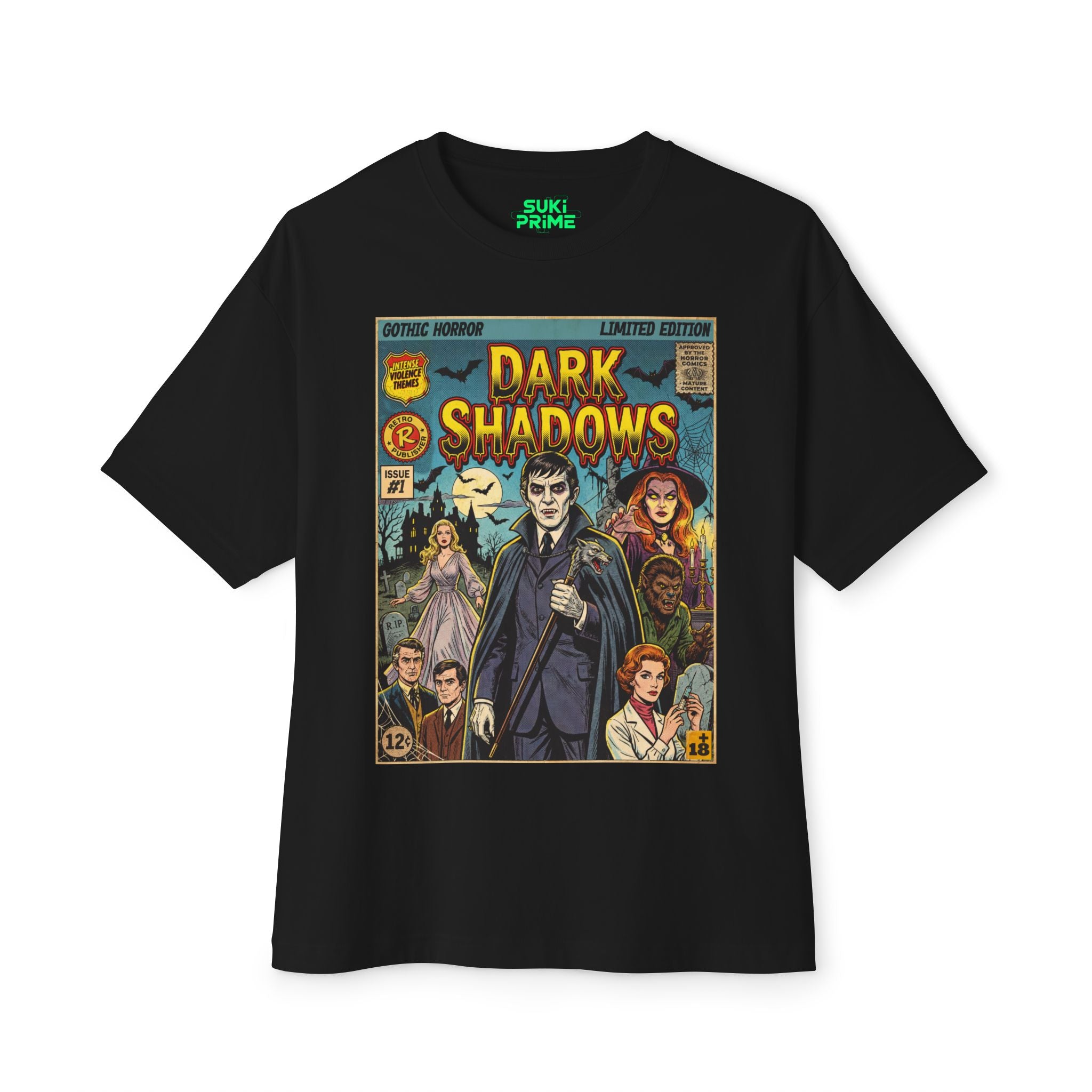 Black T-shirt featuring a vintage comic book cover design titled "Dark Shadows." Characters with gothic elements and mysterious expressions appear.