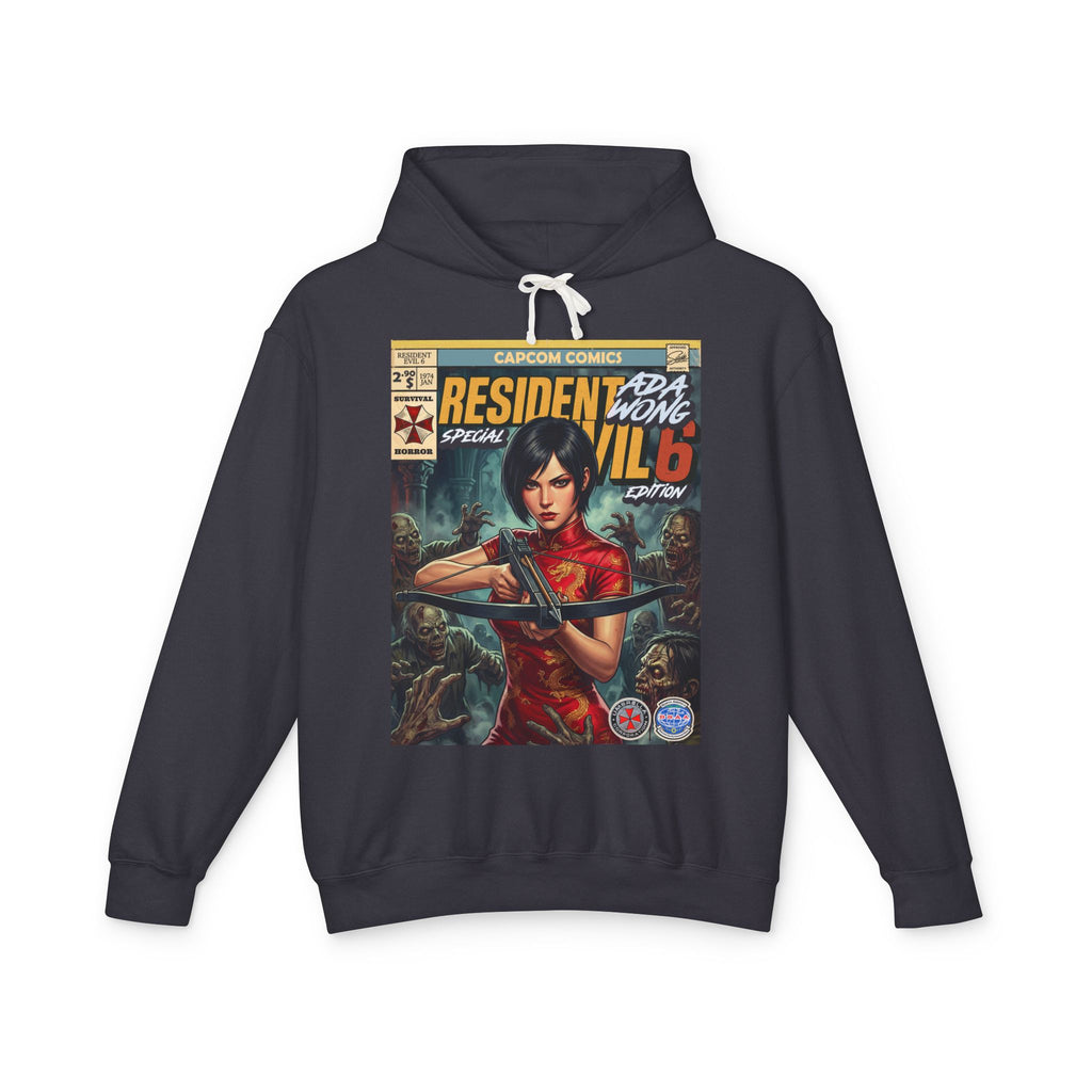 Black hoodie with 'Resident Evil 6' graphic design on a white background featuring retro vintage comic cover art gaming hoodie designed by SukiPrime