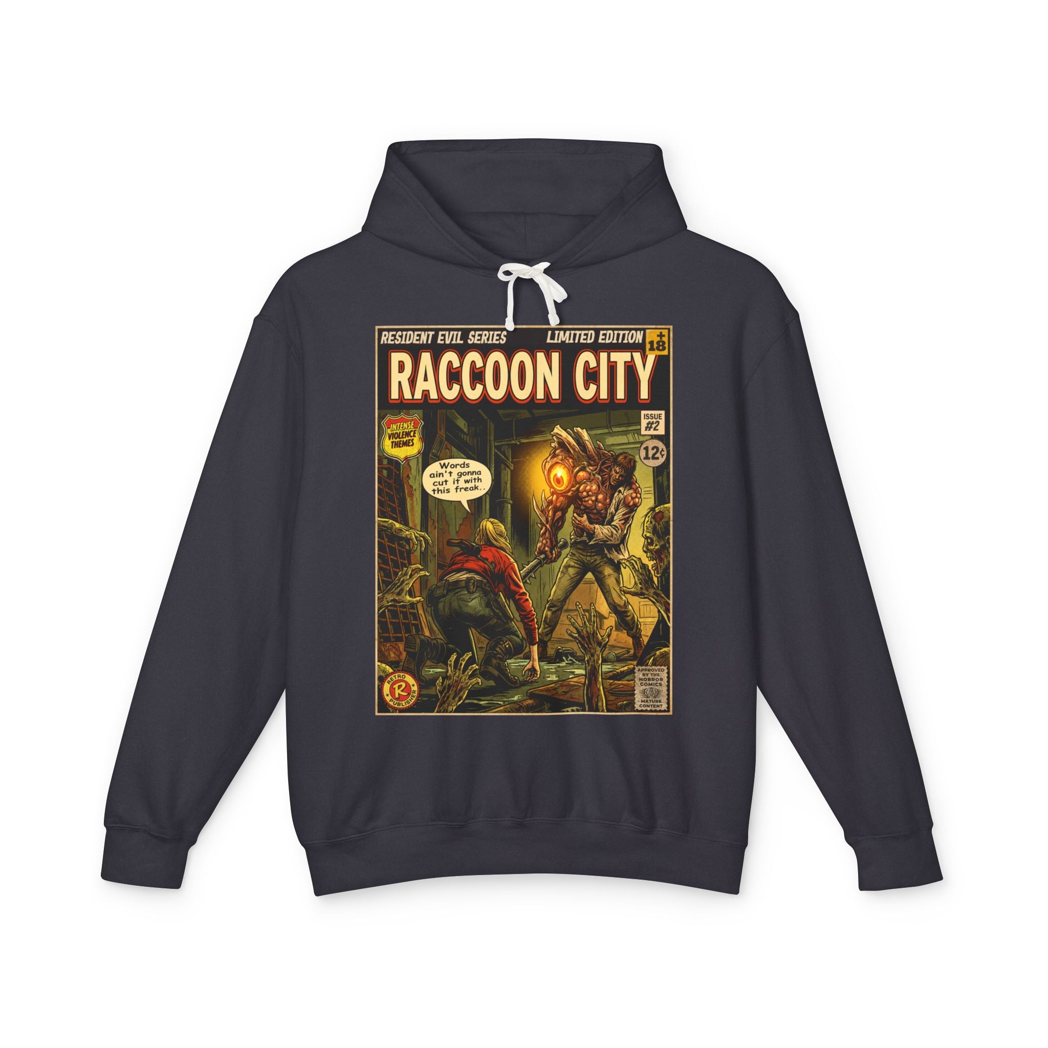 Resident Evil 2 Comic Cover Gaming Hoodie featuring unique vintage comic cover art. High-quality gaming apparel for retro fans by SukiPrime