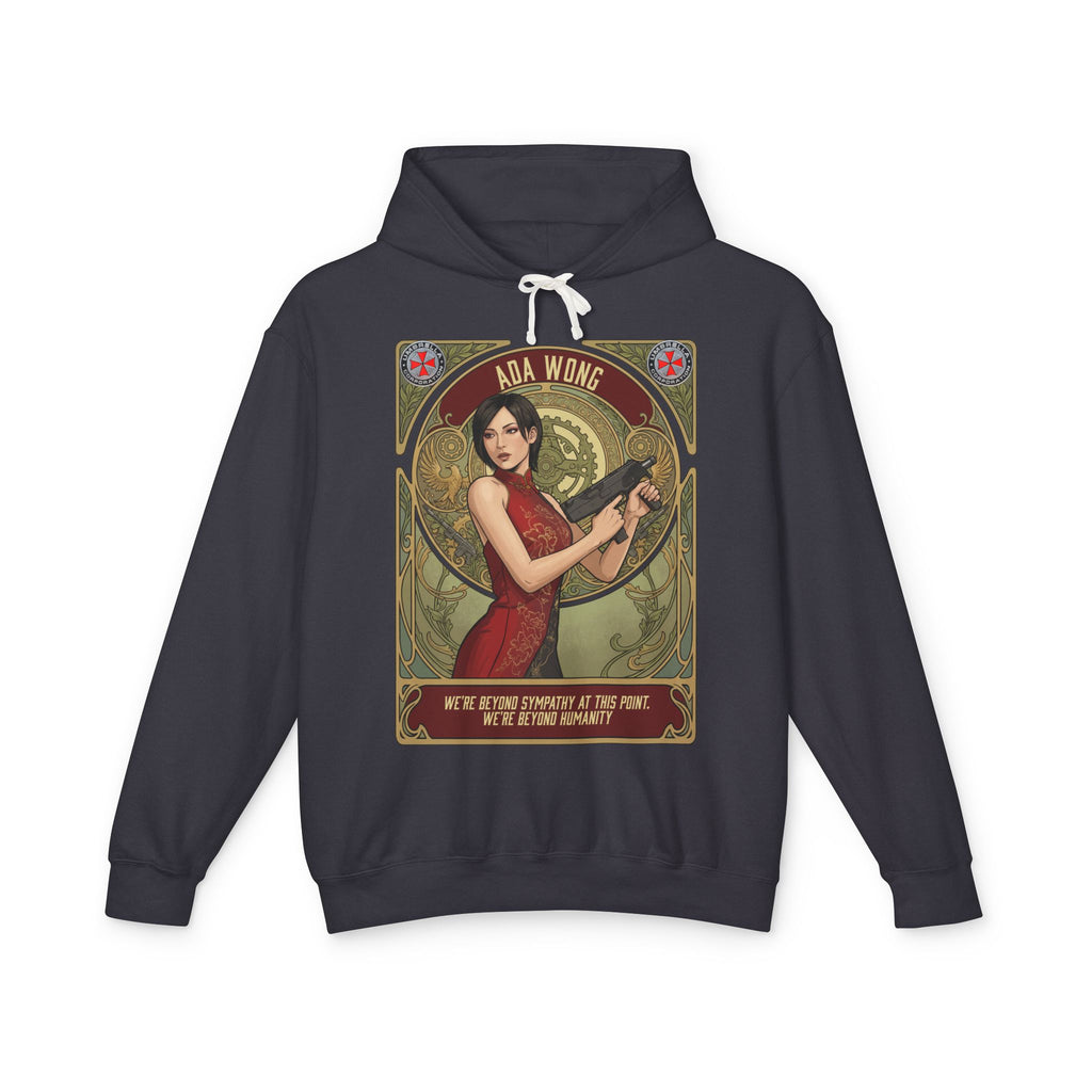 Black hoodie with Ada Wong graphic on a white background featuring retro vintage comic cover art gaming hoodie designed by SukiPrime