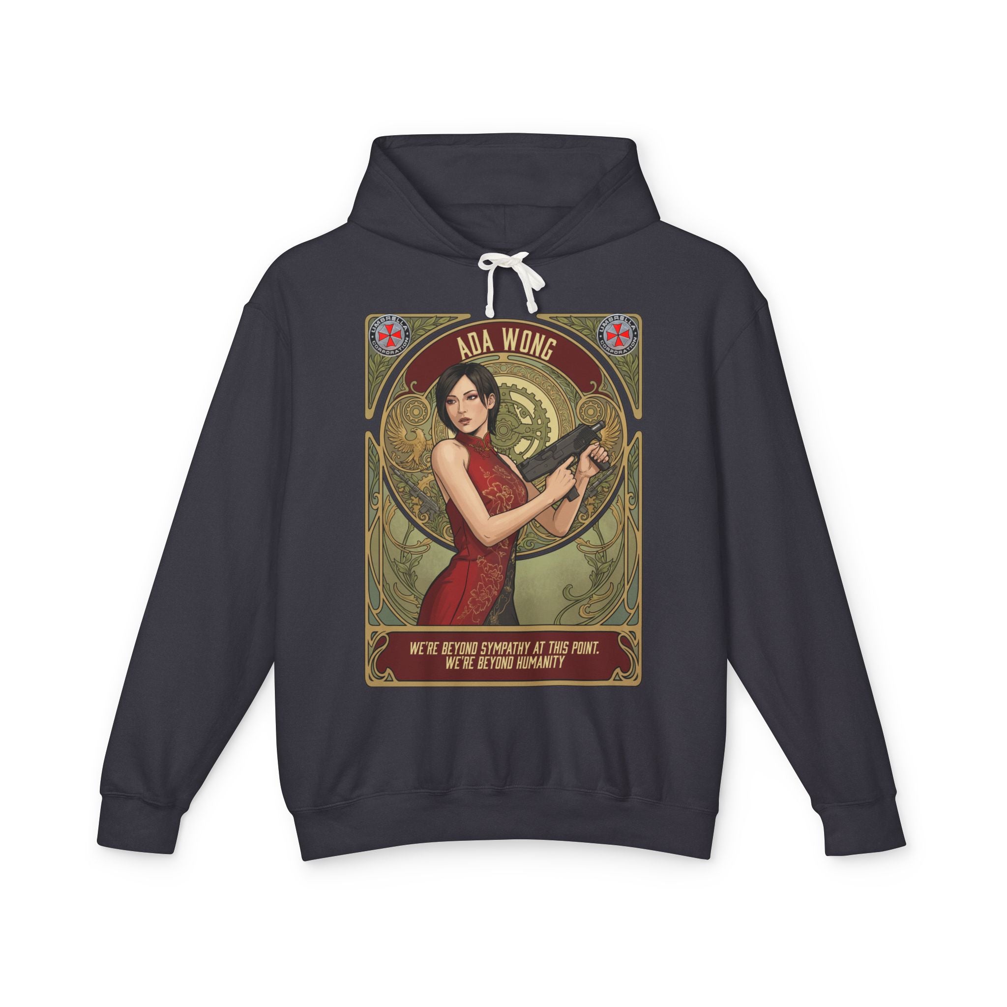 Black hoodie with Ada Wong graphic on a white background featuring retro vintage comic cover art gaming hoodie designed by SukiPrime