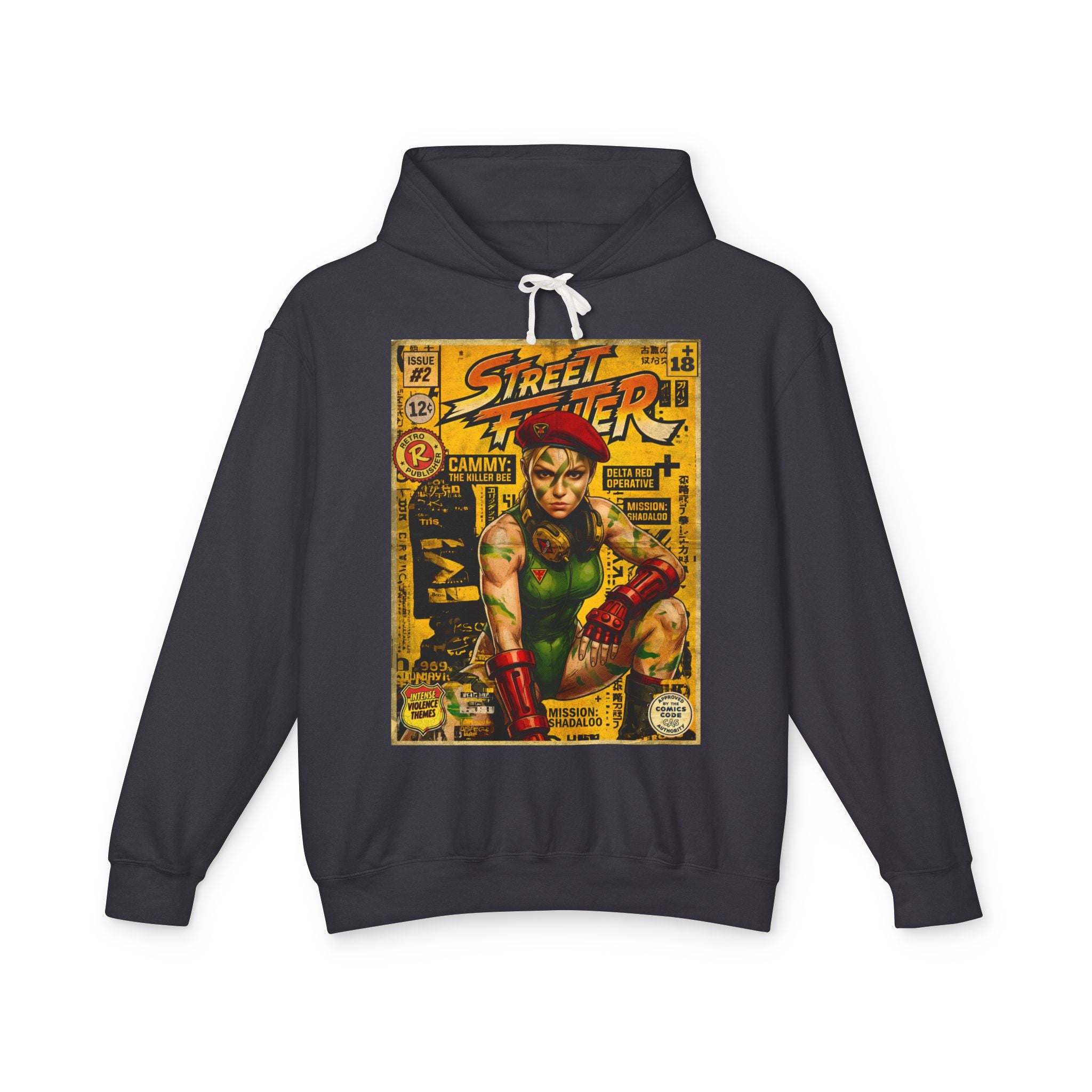 Cammy Street Fighter Comic Cover Gaming Hoodie featuring unique vintage comic cover art. High-quality gaming apparel for retro fans by SukiPrime