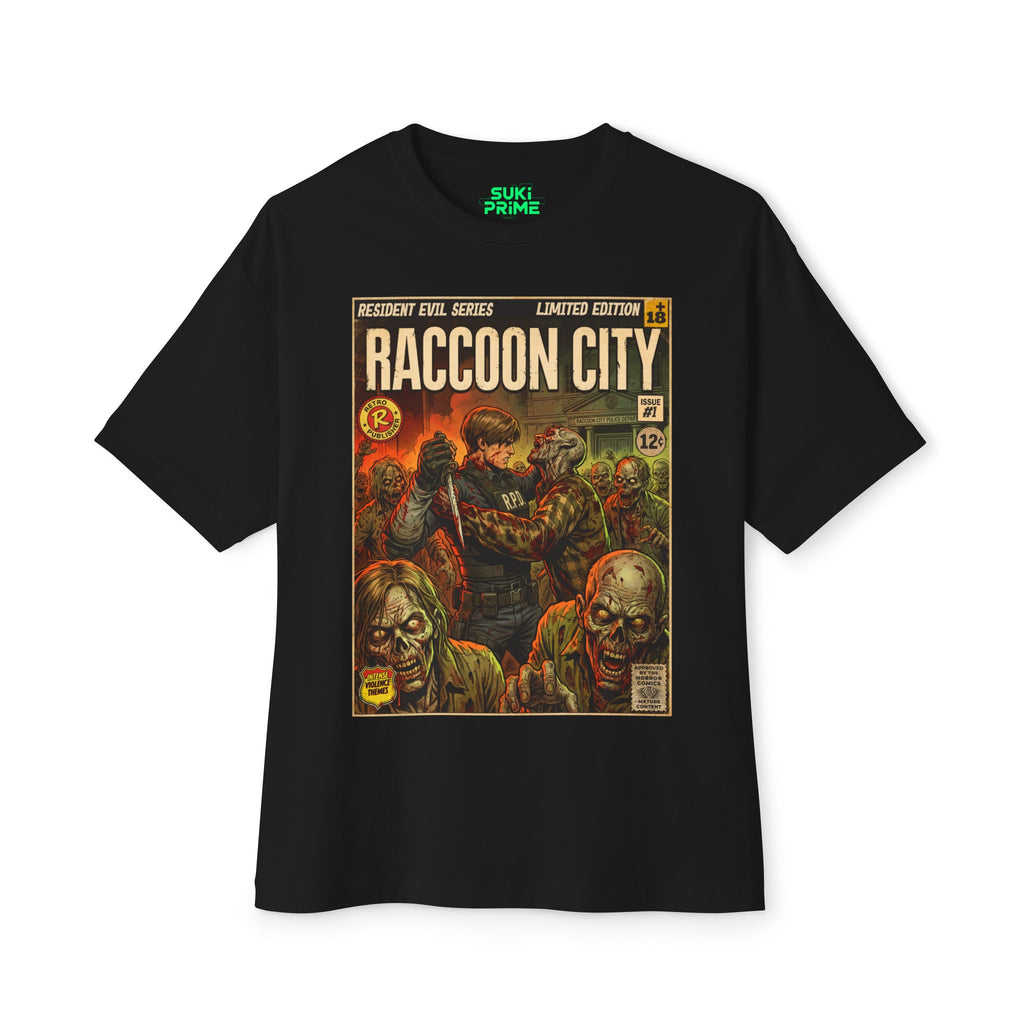 Black t-shirt with 'Raccoon City' graphic design on a white background featuring unique vintage comic cover art, High-quality gaming apparel for retro horror fans by sukiprime
