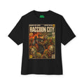 Black t-shirt with 'Raccoon City' graphic design on a white background featuring unique vintage comic cover art, High-quality gaming apparel for retro horror fans by sukiprime