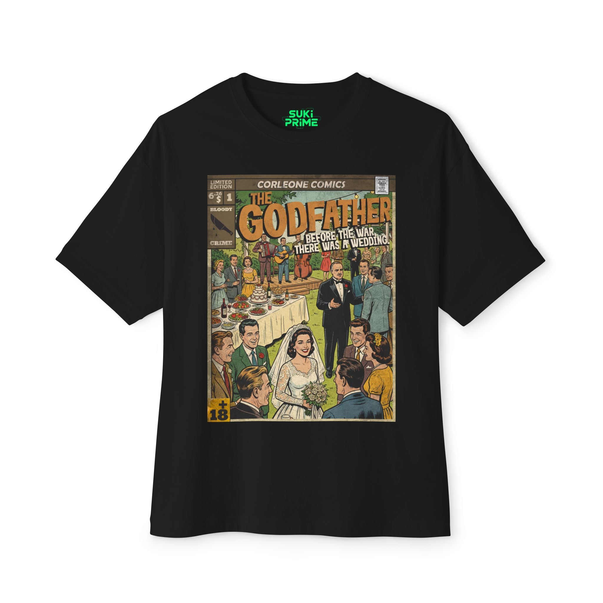 A black oversized t-shirt displaying a vintage comic book cover graphic of 'The Godfather.' The illustration captures a wedding scene in a retro comic style, featuring a bride and groom surrounded by guests, with the text 'Corleone Comics' and 'Before the war, there was a wedding