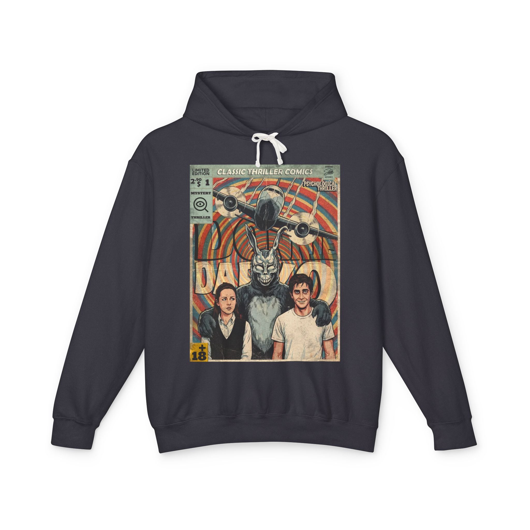 Premium black hoodie featuring a vintage Donnie Darko comic book graphic with Frank the Rabbit and a falling jet engine.