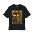 Black t-shirt with 'Raccoon City' comic book cover design on a white background featuring unique vintage comic cover art, High-quality gaming apparel for retro horror fans by sukiprime