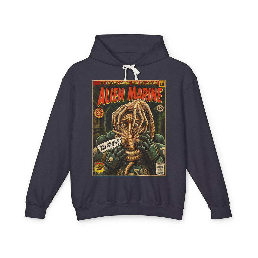 Alien Marine Comic Cover Gaming Hoodie featuring unique vintage comic cover art. High-quality gaming apparel for retro fans By SukiPrime